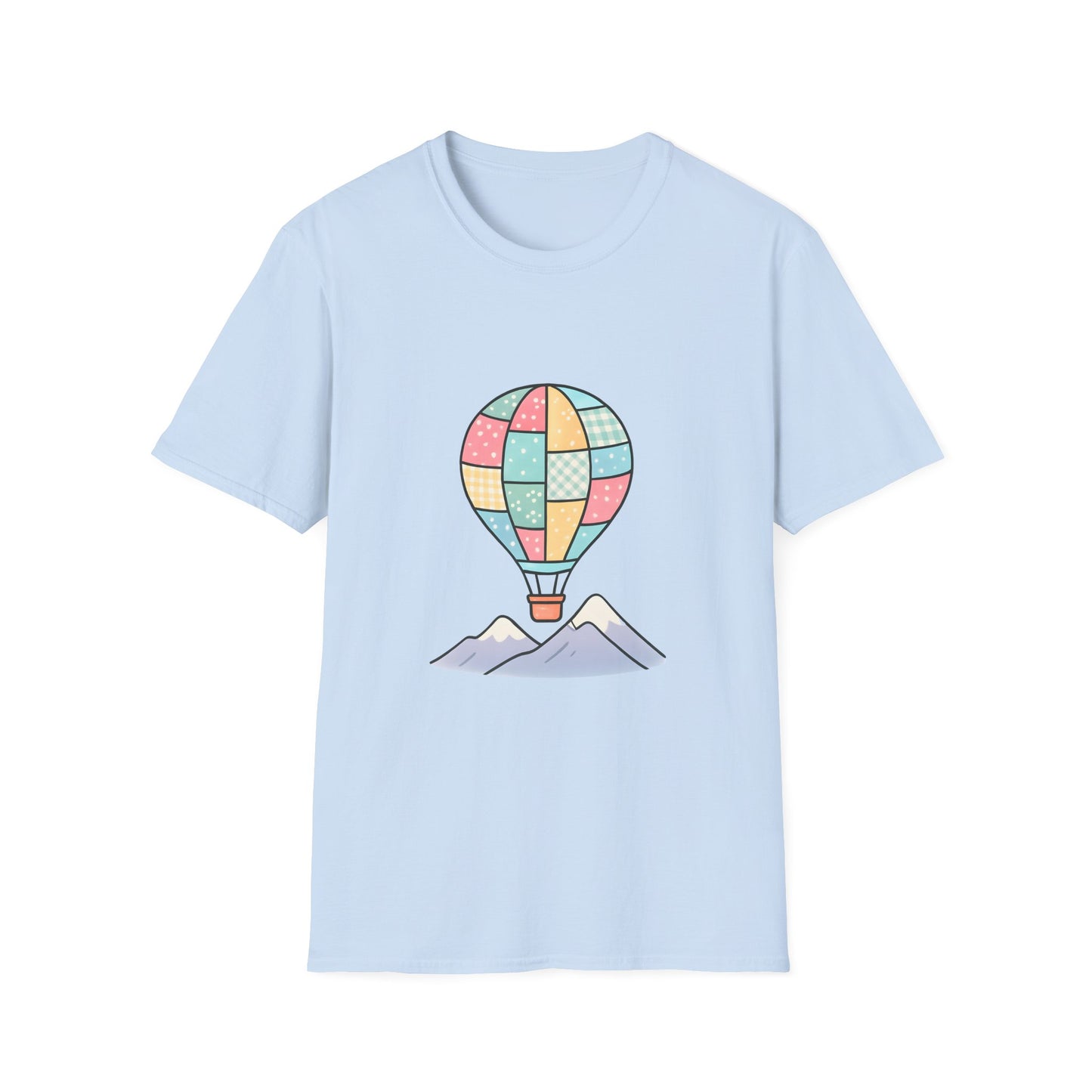 Pastel Patchwork Hot Air Balloon Over Mountains - Tee