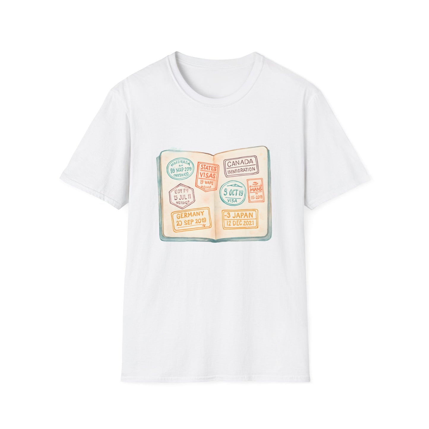 Watercolor Passport with Pastel Travel Stamps - Tee