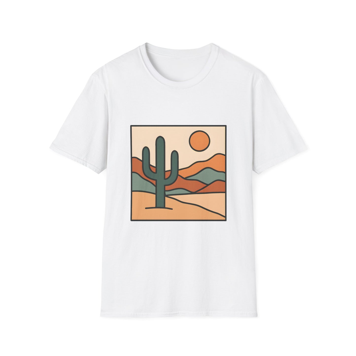 Desert Serenity_ Stylized Cactus & Layered Mountains - Tee