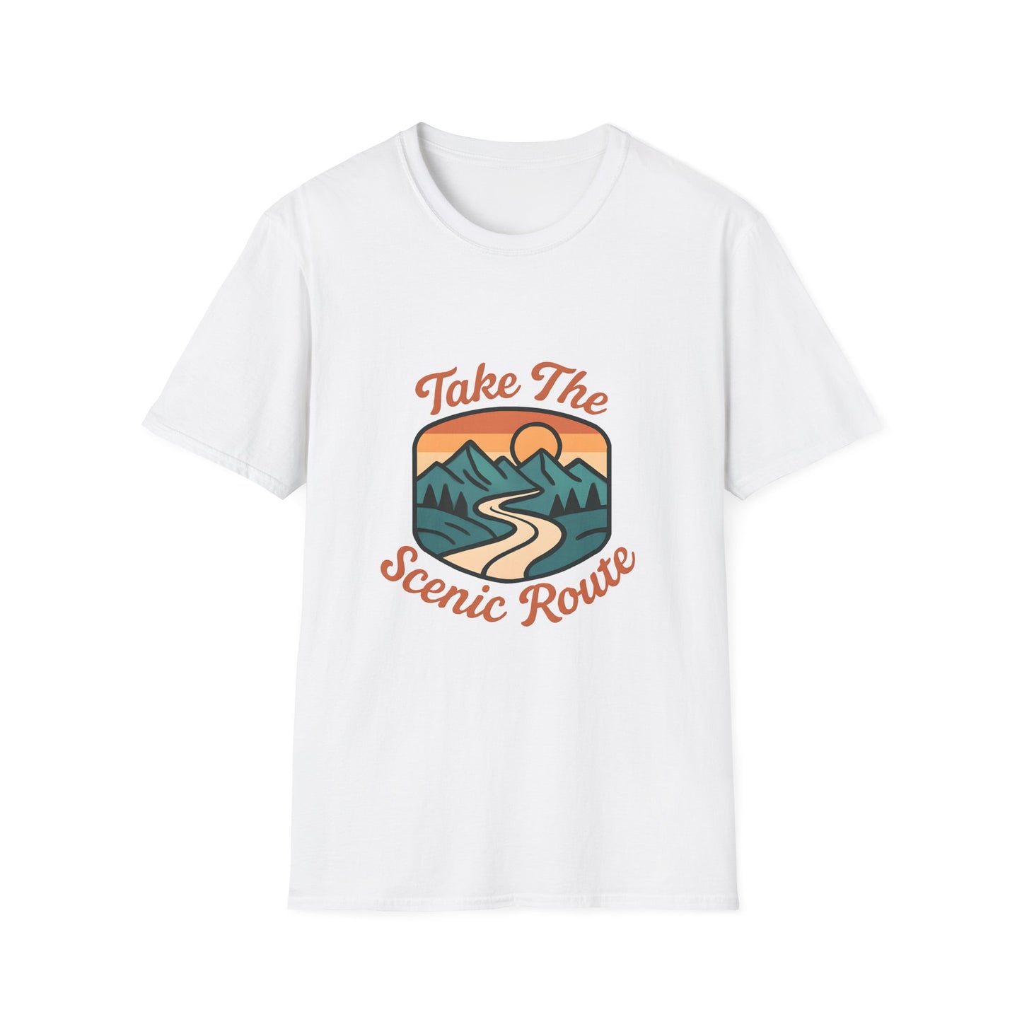 Retro Scenic Route Badge with Sunset Mountains - Tee
