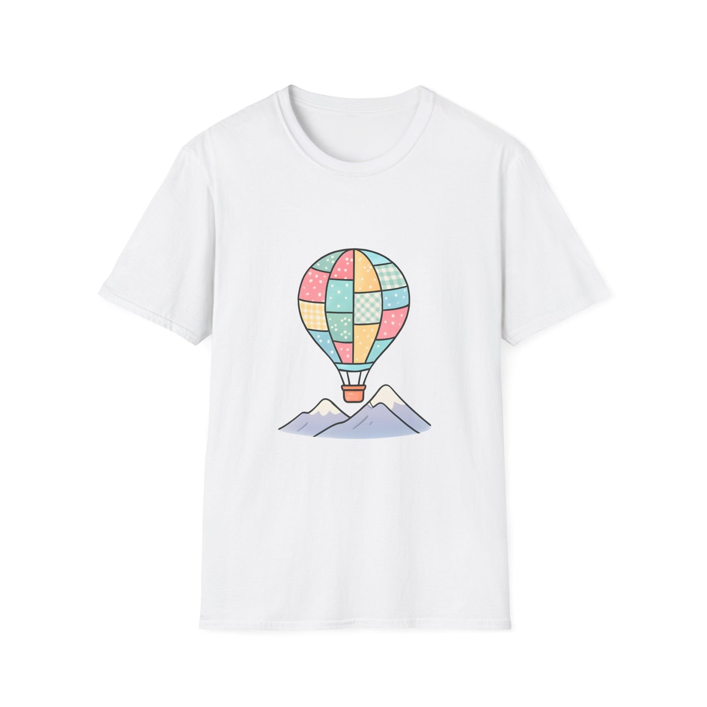 Pastel Patchwork Hot Air Balloon Over Mountains - Tee