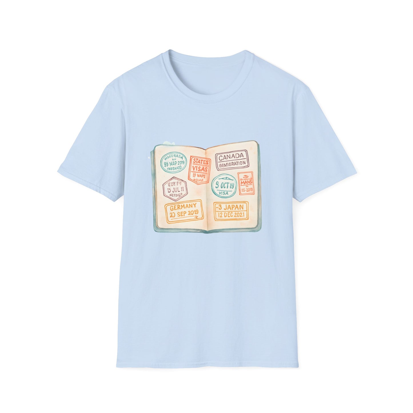 Watercolor Passport with Pastel Travel Stamps - Tee