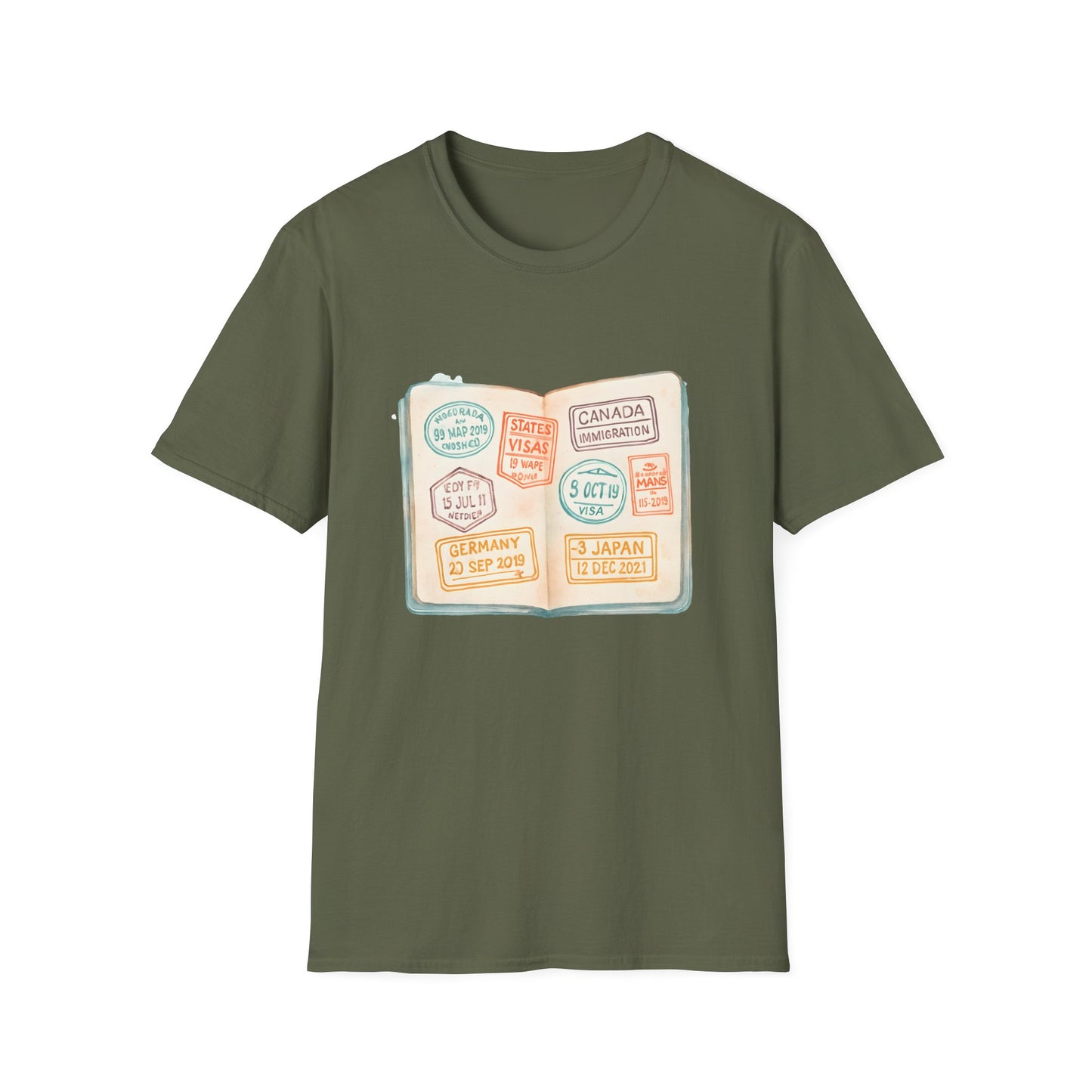 Watercolor Passport with Pastel Travel Stamps - Tee
