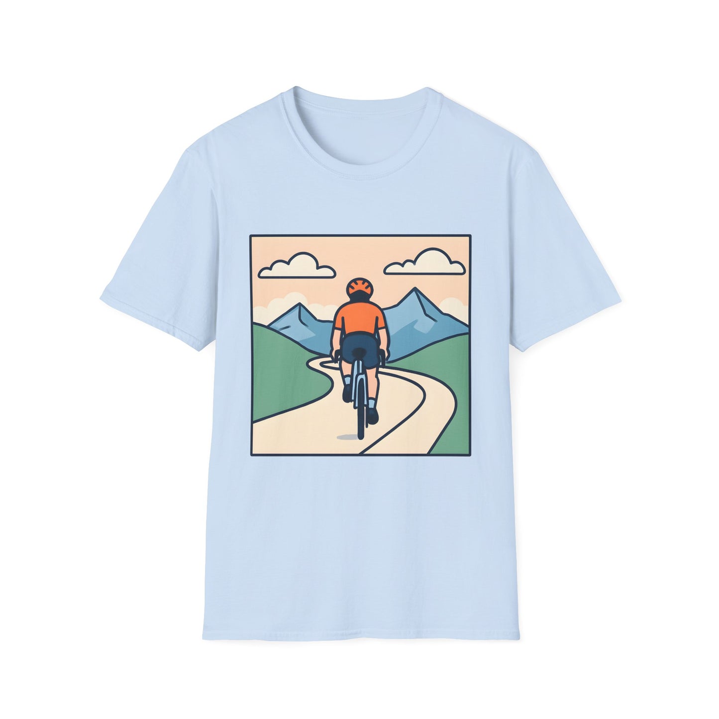 Cyclist on Winding Mountain Road in Pastel Bliss