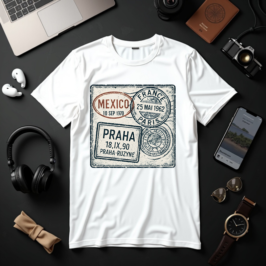 Passport Stamp T-Shirt (Mexico, France, Prague)
