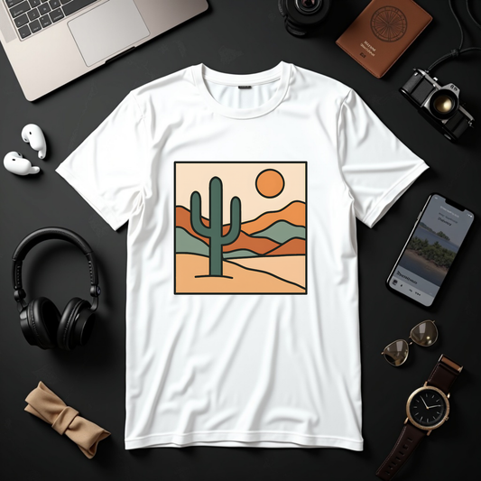 Desert Serenity_ Stylized Cactus & Layered Mountains - Tee