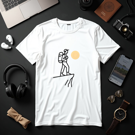 Minimalist Hiker on Cliff with Muted Sun - Tee