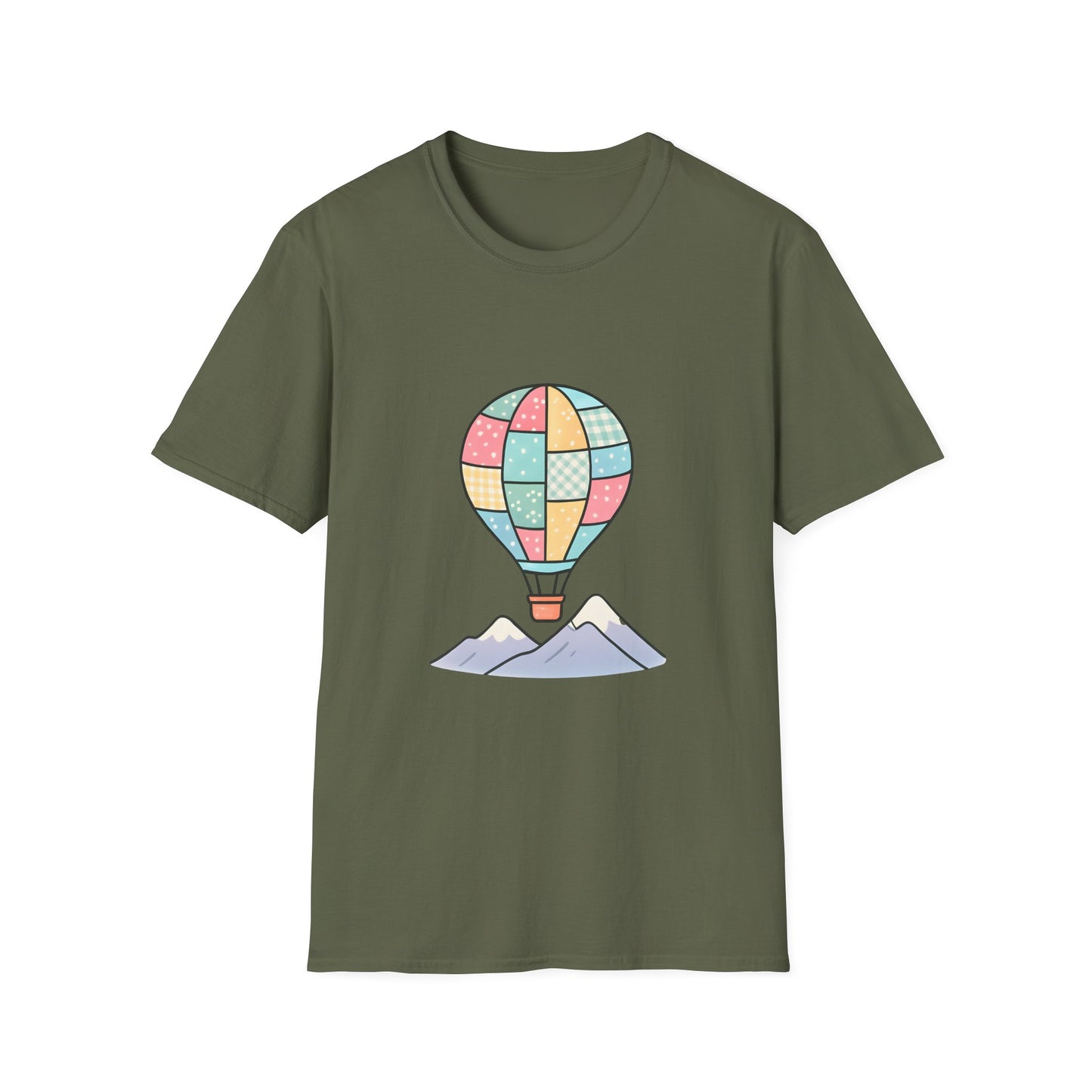 Pastel Patchwork Hot Air Balloon Over Mountains - Tee