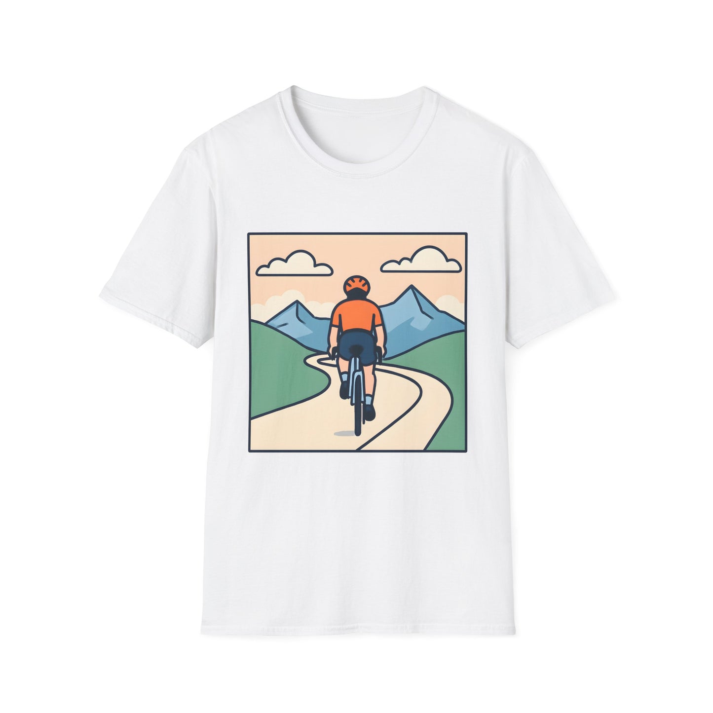 Cyclist on Winding Mountain Road in Pastel Bliss