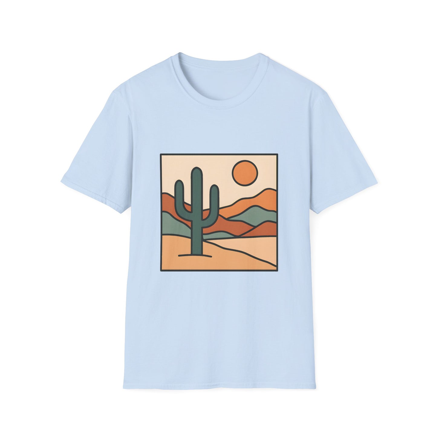 Desert Serenity_ Stylized Cactus & Layered Mountains - Tee