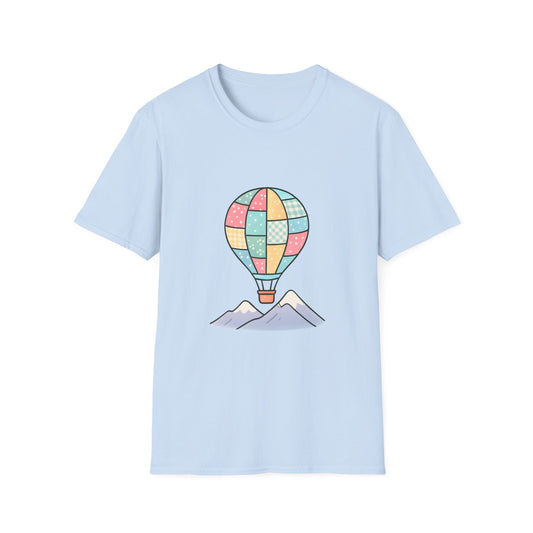 Pastel Patchwork Hot Air Balloon Over Mountains - Tee