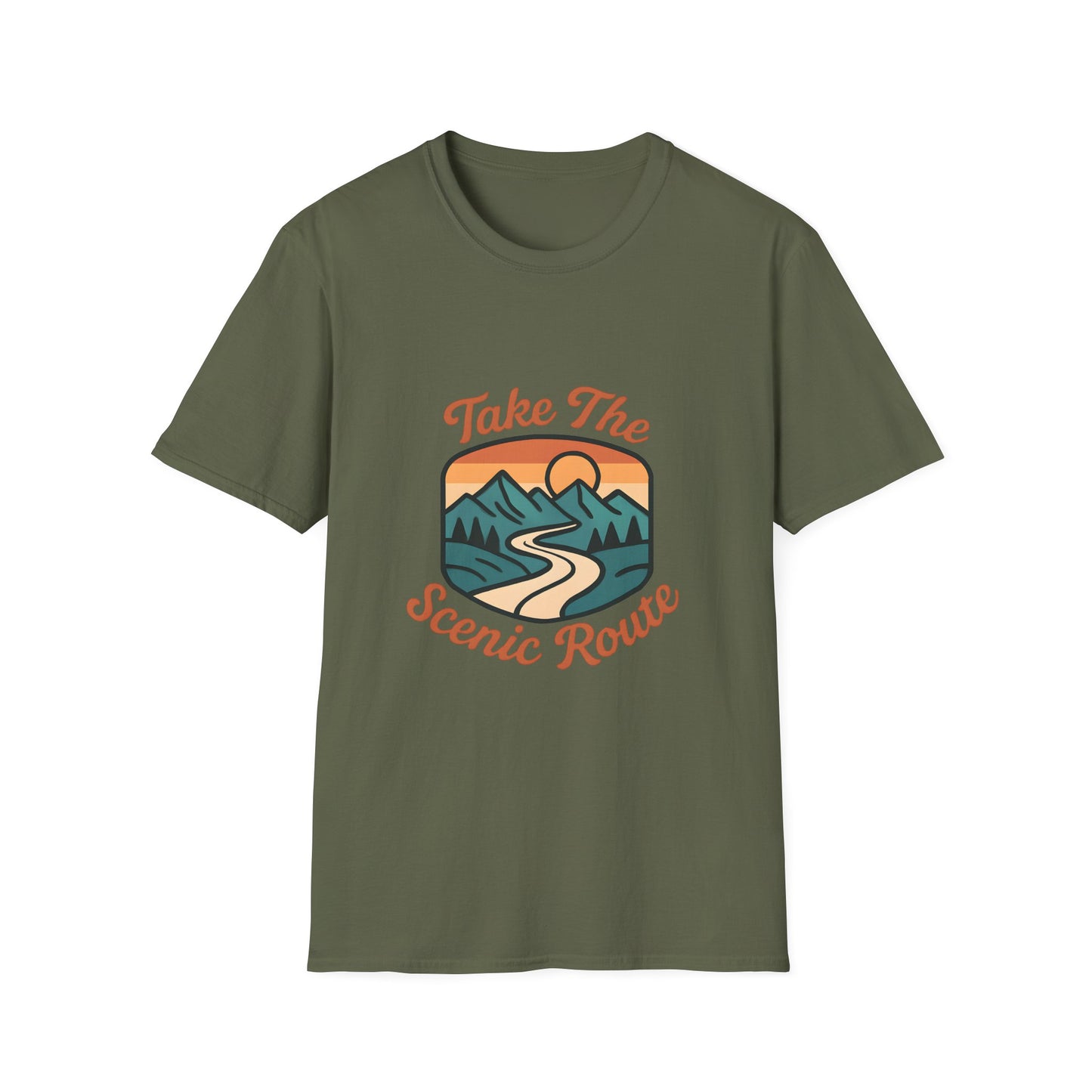 Retro Scenic Route Badge with Sunset Mountains - Tee