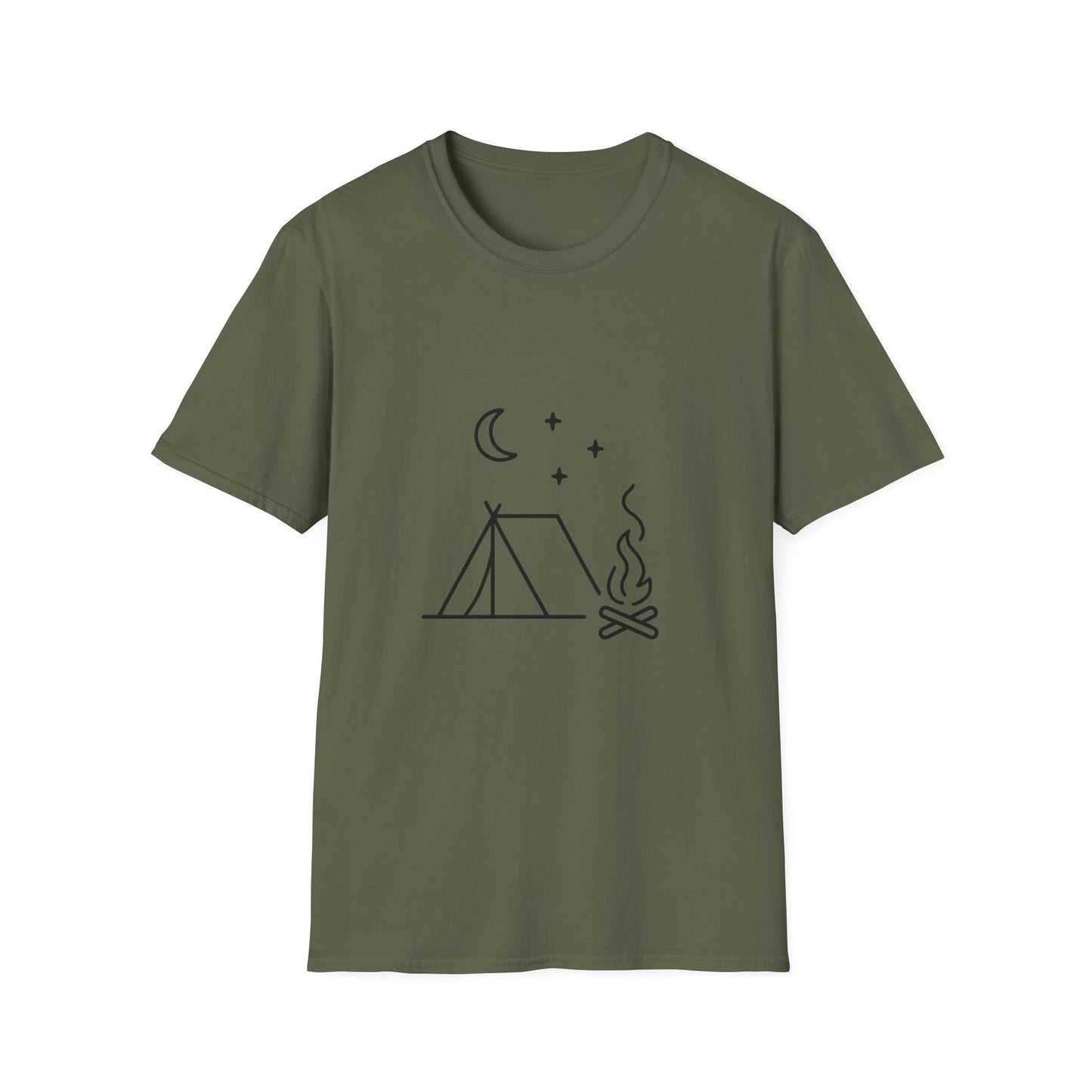 Minimalist Campfire Night Tent Under Crescent Moon - Tee
