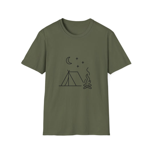 Minimalist Campfire Night Tent Under Crescent Moon - Tee
