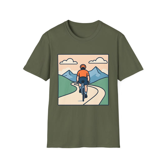 Cyclist on Winding Mountain Road in Pastel Bliss
