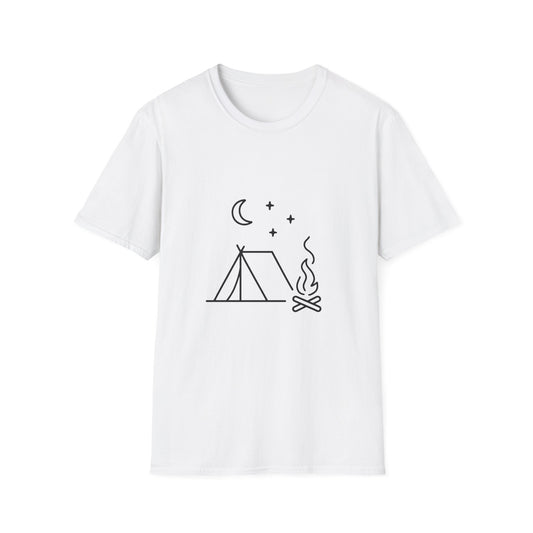 Minimalist Campfire Night Tent Under Crescent Moon - Tee