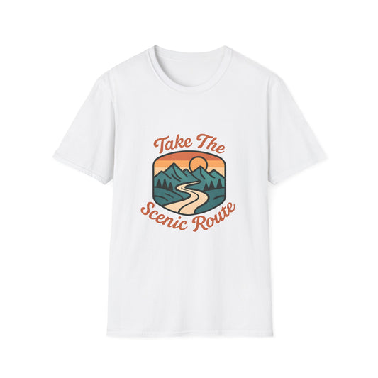 Retro Scenic Route Badge with Sunset Mountains - Tee