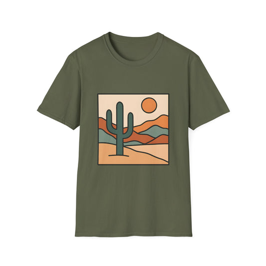 Desert Serenity_ Stylized Cactus & Layered Mountains - Tee
