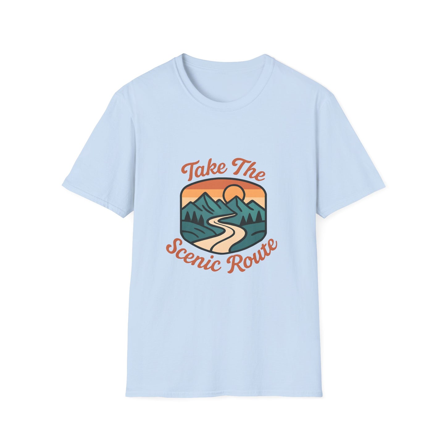Retro Scenic Route Badge with Sunset Mountains - Tee