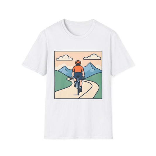 Cyclist on Winding Mountain Road in Pastel Bliss