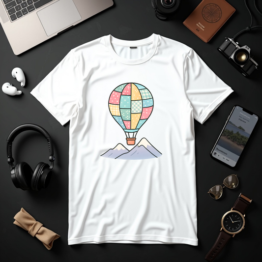 Pastel Patchwork Hot Air Balloon Over Mountains - Tee