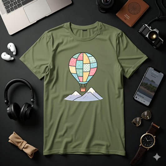 Pastel Patchwork Hot Air Balloon Over Mountains - Tee