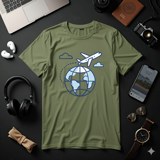 Minimalist Globe & Airplane with Travel Path - Tee